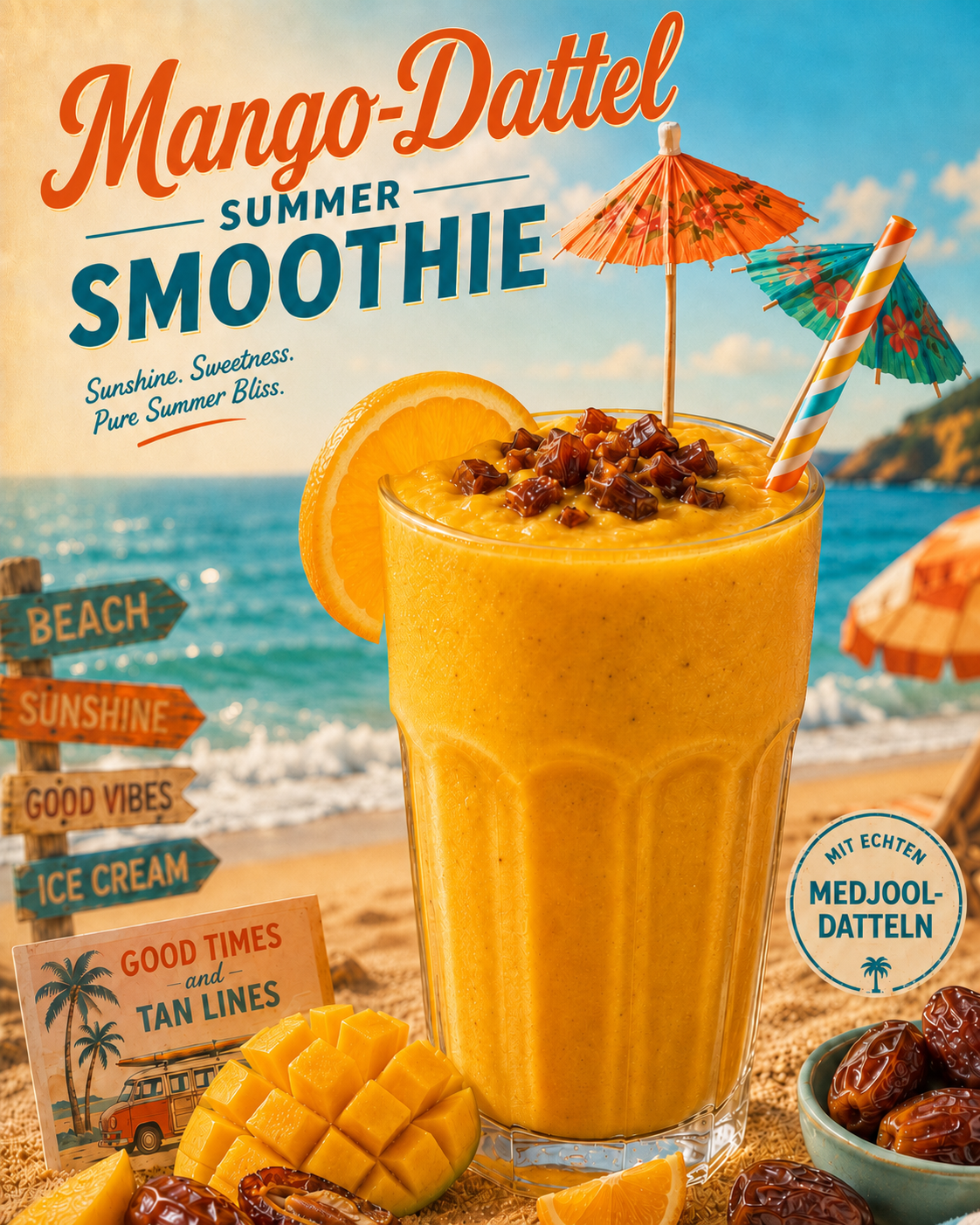 Mango-Dattel Summer Smoothie mit BIO Medjoul-Datteln aus Israel, Mango und sommerlicher Strandkulisse