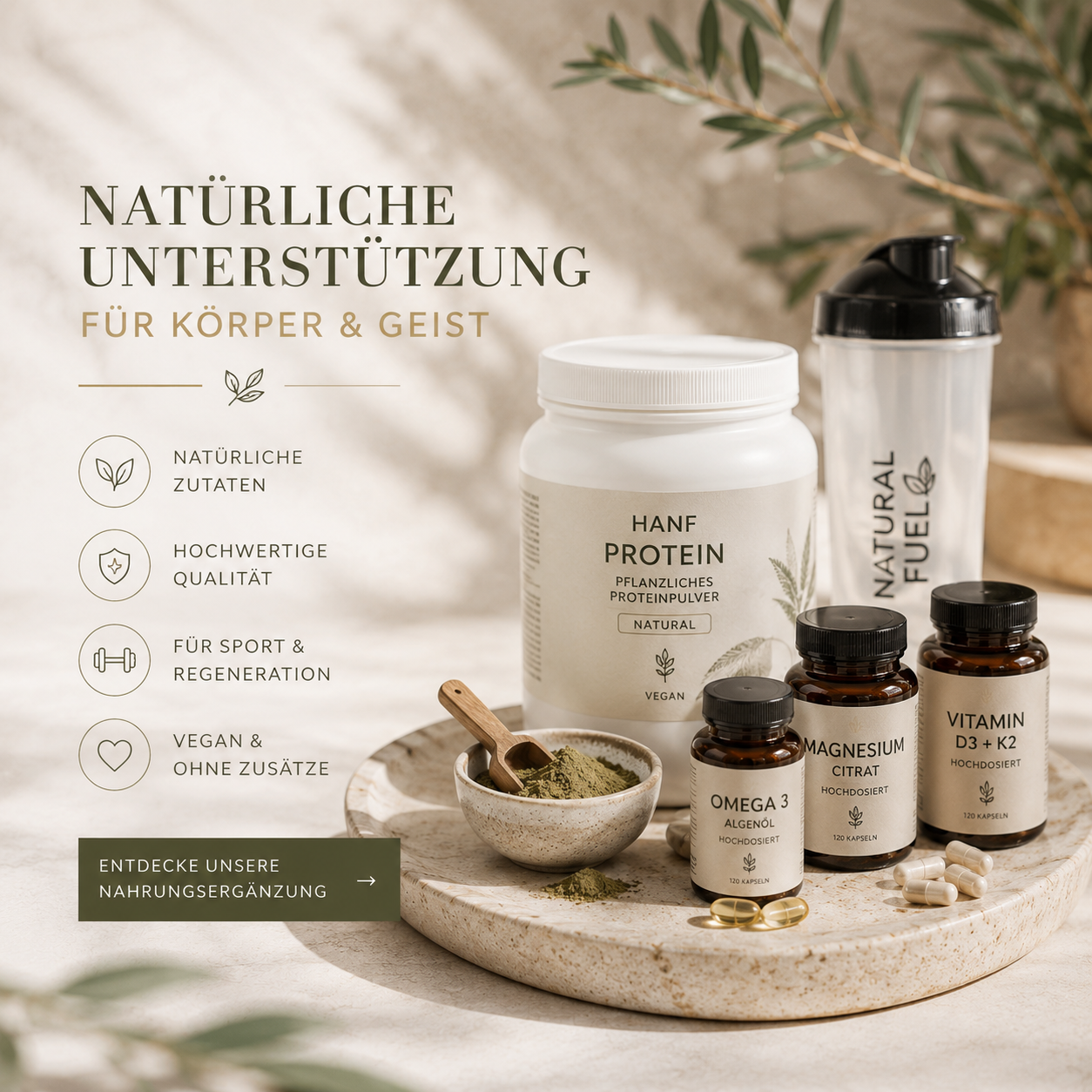 Hochwertige Nahrungsergänzung mit Hanfprotein, Omega-3, Magnesium und Vitamin D3 K2 für Gesundheit, Fitness und Regeneration