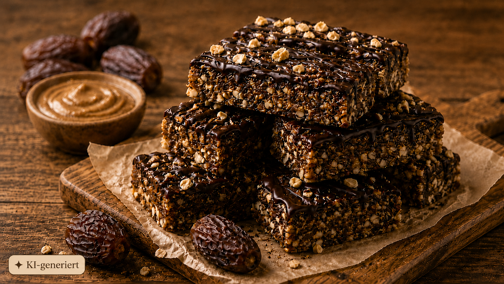 Protein-Dattelriegel mit Medjoul-Datteln, Nussmus und gehackten Nüssen