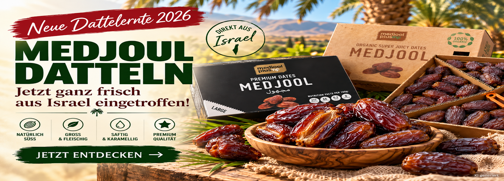 Neue Medjoul Dattelernte 2026 aus Israel mit großen, saftigen Datteln und Premium- sowie Bio-Verpackungen