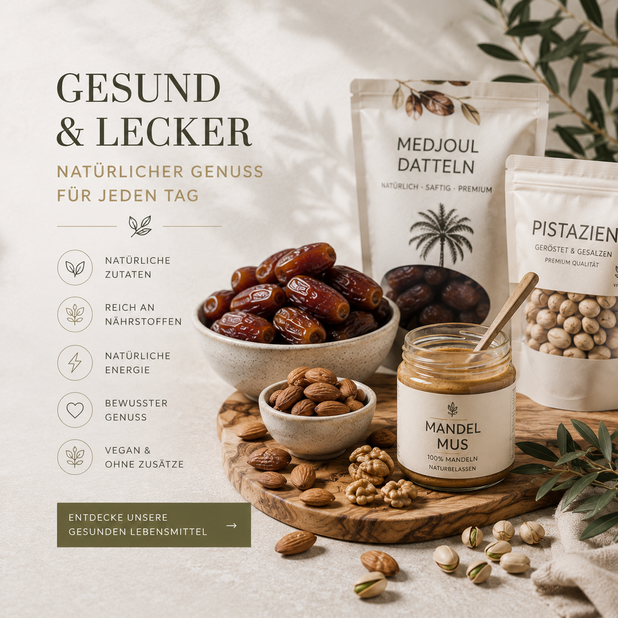 Medjoul Datteln, Mandeln, Pistazien und Mandelmus als gesunde Lebensmittel für bewusste Ernährung und natürlichen Genuss