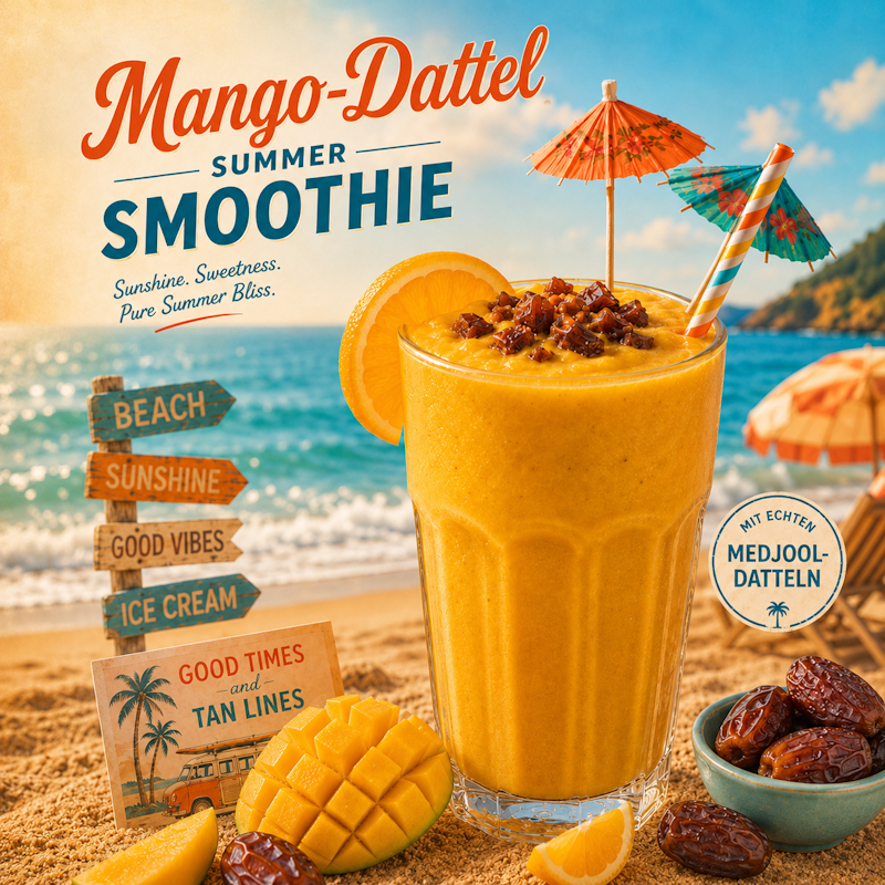 Mango-Dattel Summer Smoothie mit BIO Medjoul-Datteln aus Israel am Strand dekoriert
