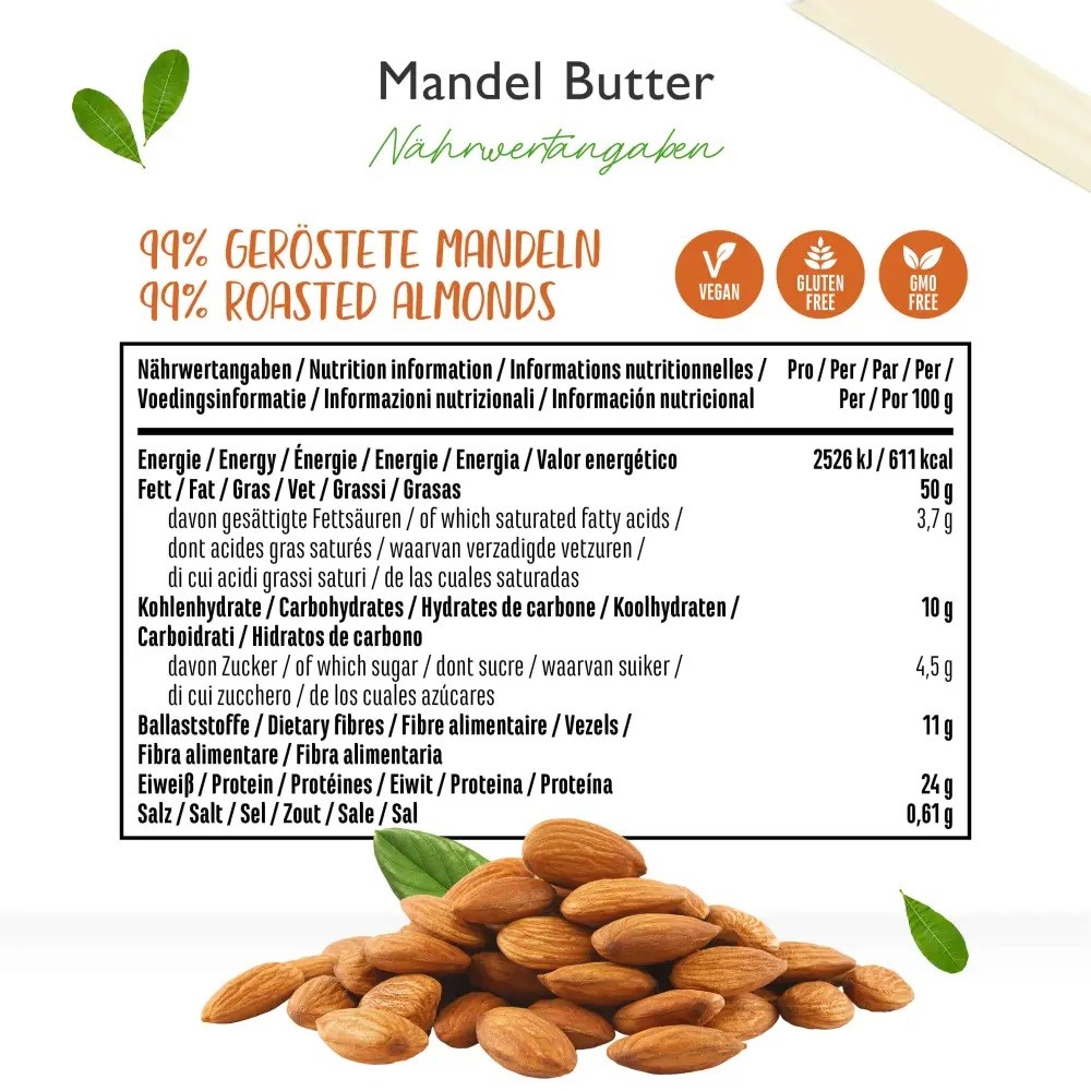 100% Mandelmus dark roasted Crunchy 1000g.