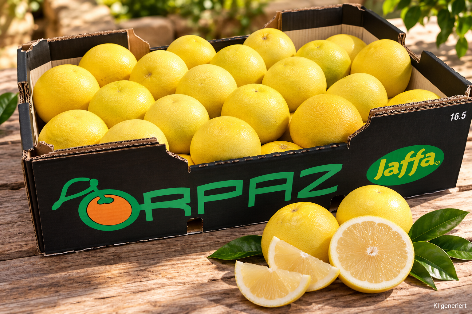 Frische weiße Jaffa Grapefruits aus Israel im ORPAZ Originalkarton mit aufgeschnittener Grapefruit und hellem Fruchtfleisch