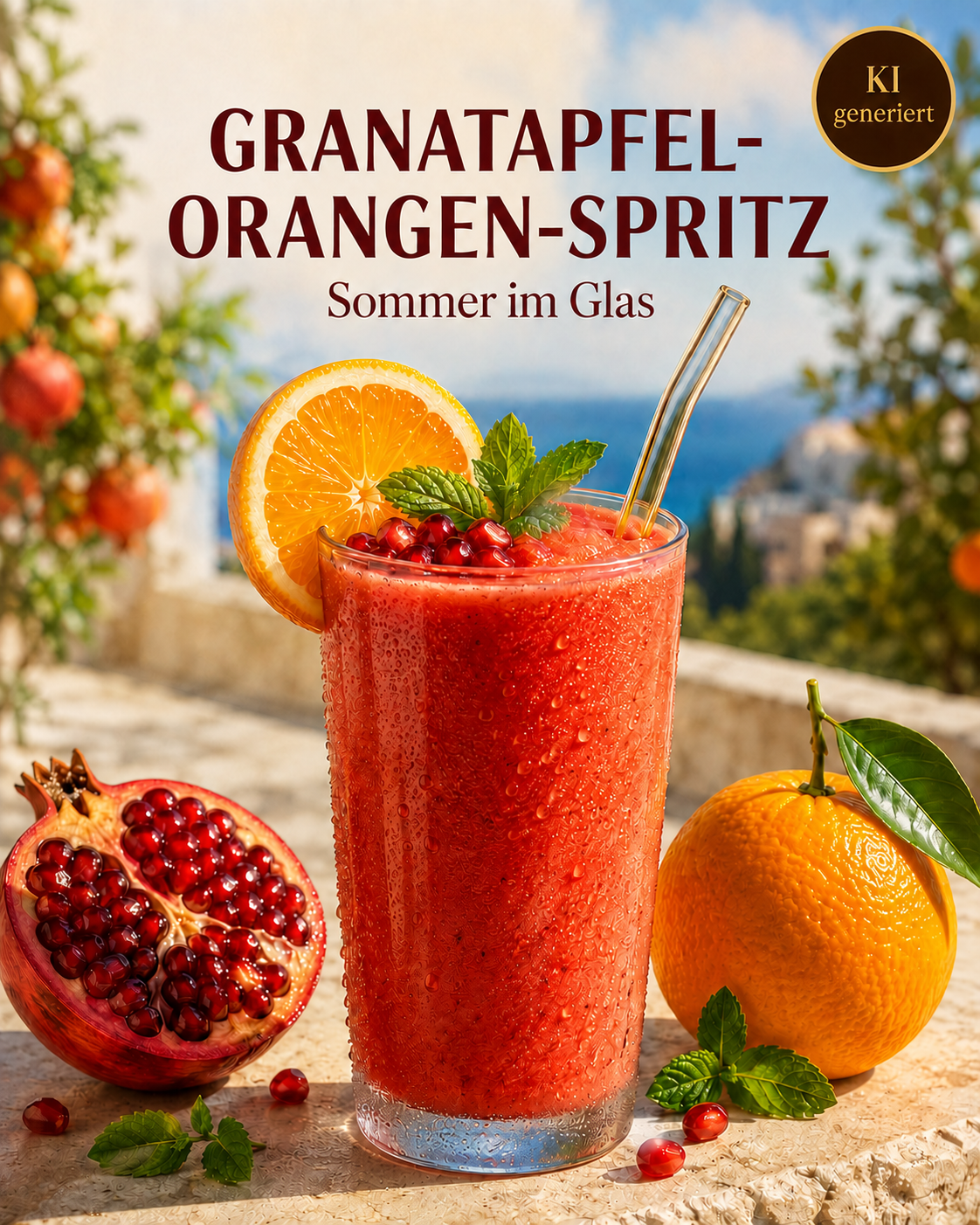 Granatapfel-Orangen-Spritz mit Orange, Granatapfelkernen und Minze