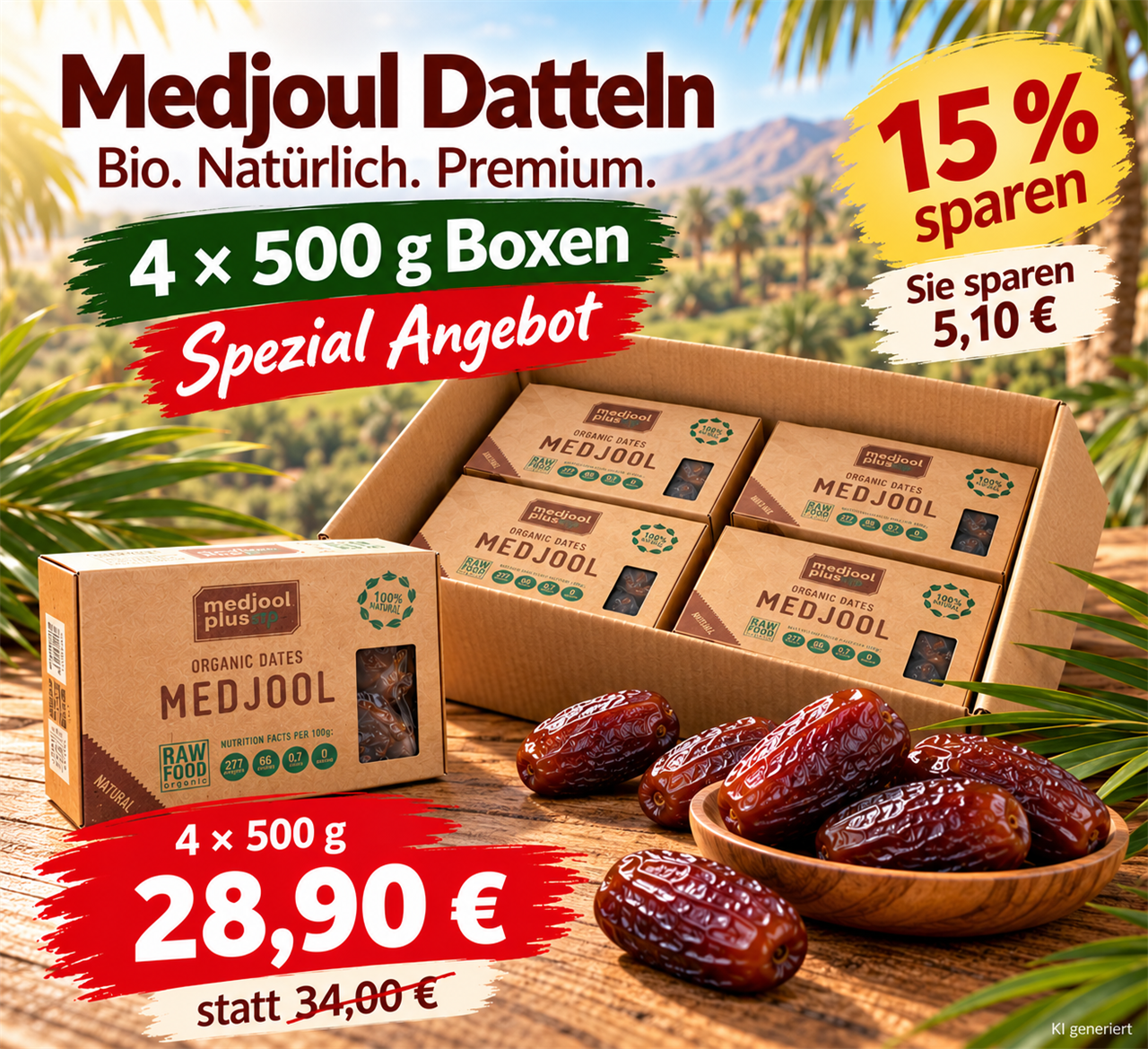 Angebot: 4*500g. Box BIO-Medjoul- Datteln, 2kg Bio Medjoul Datteln