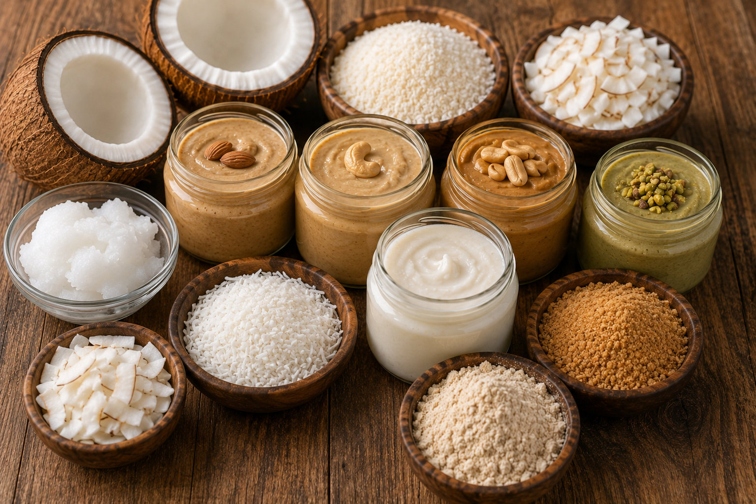 Nussmuse und Kokosprodukte mit Cashewmus, Mandelmus, Erdnussbutter, Kokosmus, Kokosraspeln und Kokosmehl