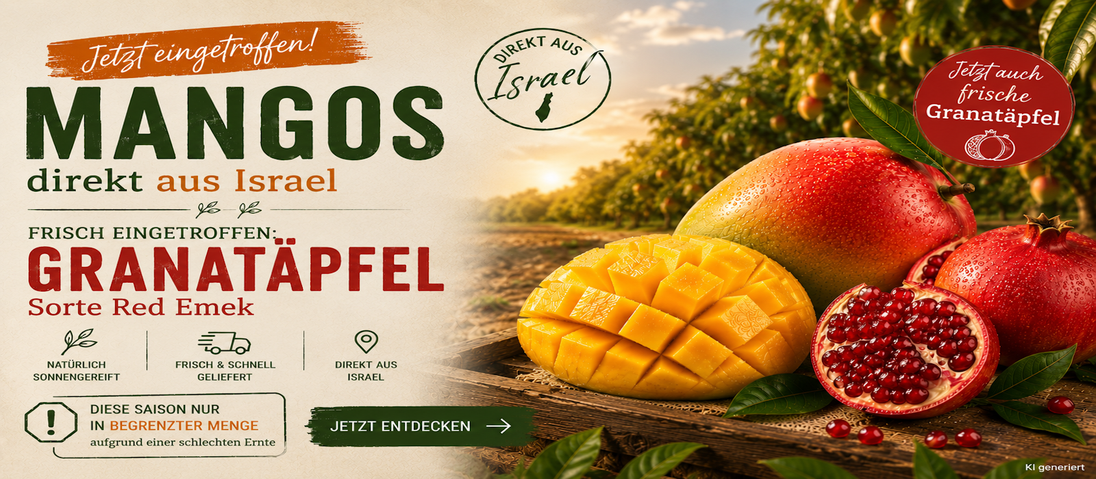 Frische Mangos und Granatäpfel Sorte Red Emek direkt aus Israel